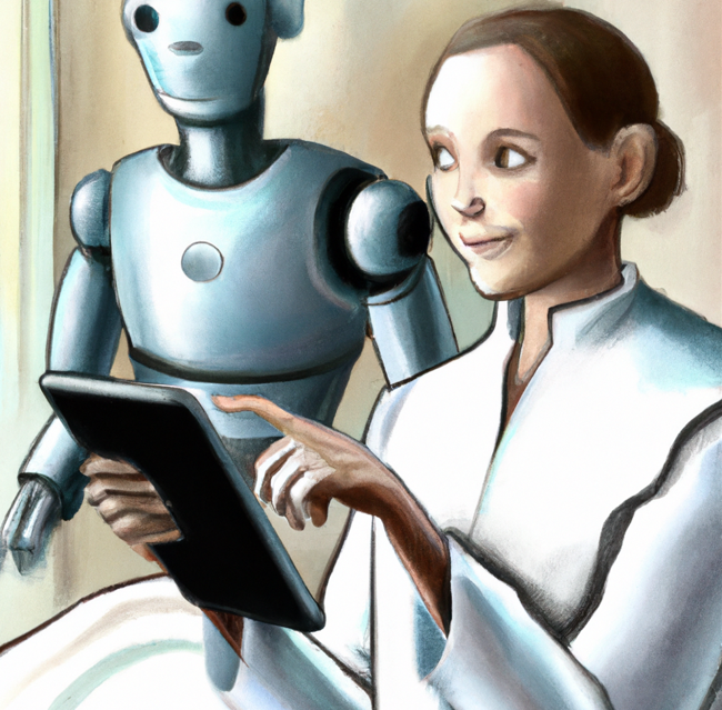 Kvinde sidder med en tablet computer men en robot står ved siden af hende