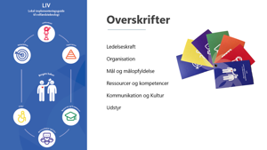 LIV Guide - med overskrifterne "Ledelseskraft", "Organisation", "Mål og målopfyldelse", "Ressourcer og kompetencer", "Kommunikation og kultur" og ""Udstyr"